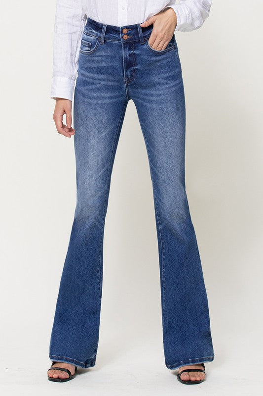 Double Button High Rise Flare Jeans